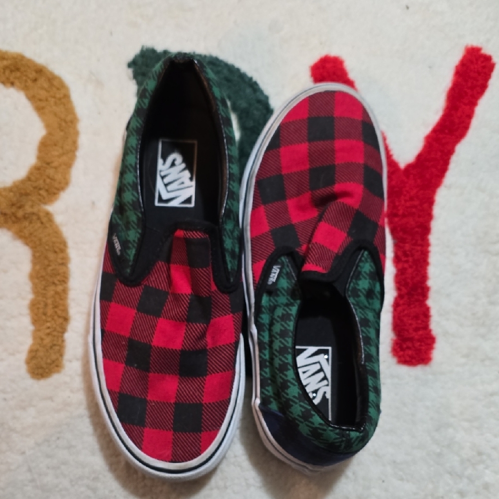 Vans Red and Green Plaid Slip-On Sneakers